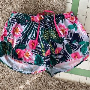 Old Navy Pink Floral Athletic Shorts with Green Leaf Print